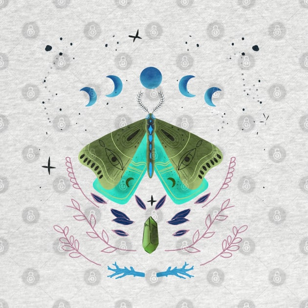 magical moons and luna moth , fantasy butterfly , fantasy moth illustration by coolouss